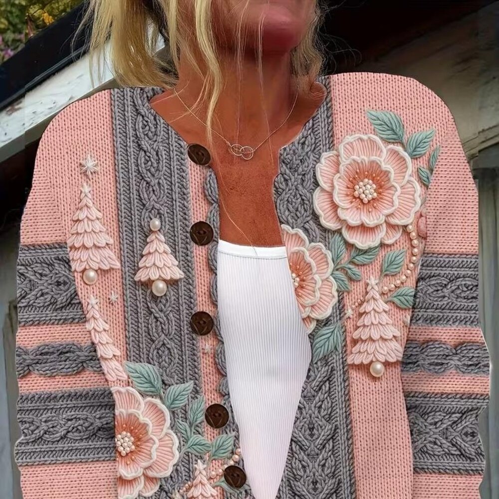 Women’s Cozy Cardigan with Vibrant Floral & Geometric Print